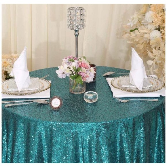 Green 72" Round Teal Sequin Tablecloth Wedding Dining Linen - New - Picture 2 of 4